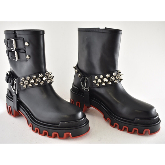 Christian Louboutin Dune Bike Spike Black Leather Platform Moto Ankle Boots 39 - Picture 8 of 16